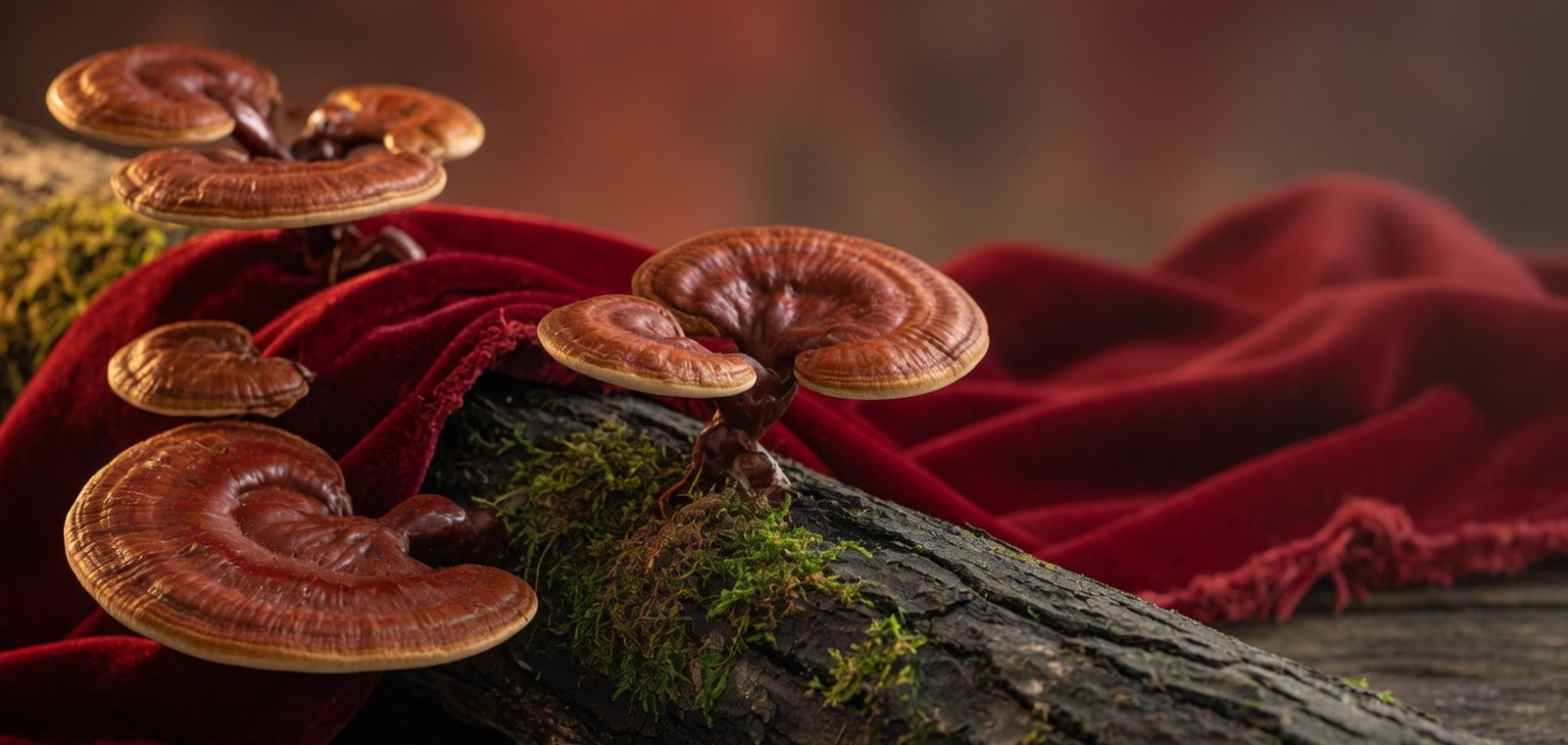 Reishi-Pilze auf einem bemoosten Holzstamm vor dunkelrotem Stoff