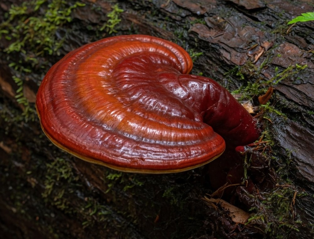 Fruchtkörper eines Reishi-Pilzes an einem Baumstamm im Wald