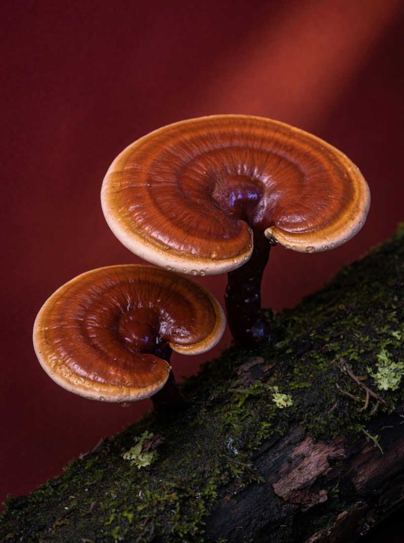 Zwei Reishi-Fruchtkörper an einem bemoosten Stamm